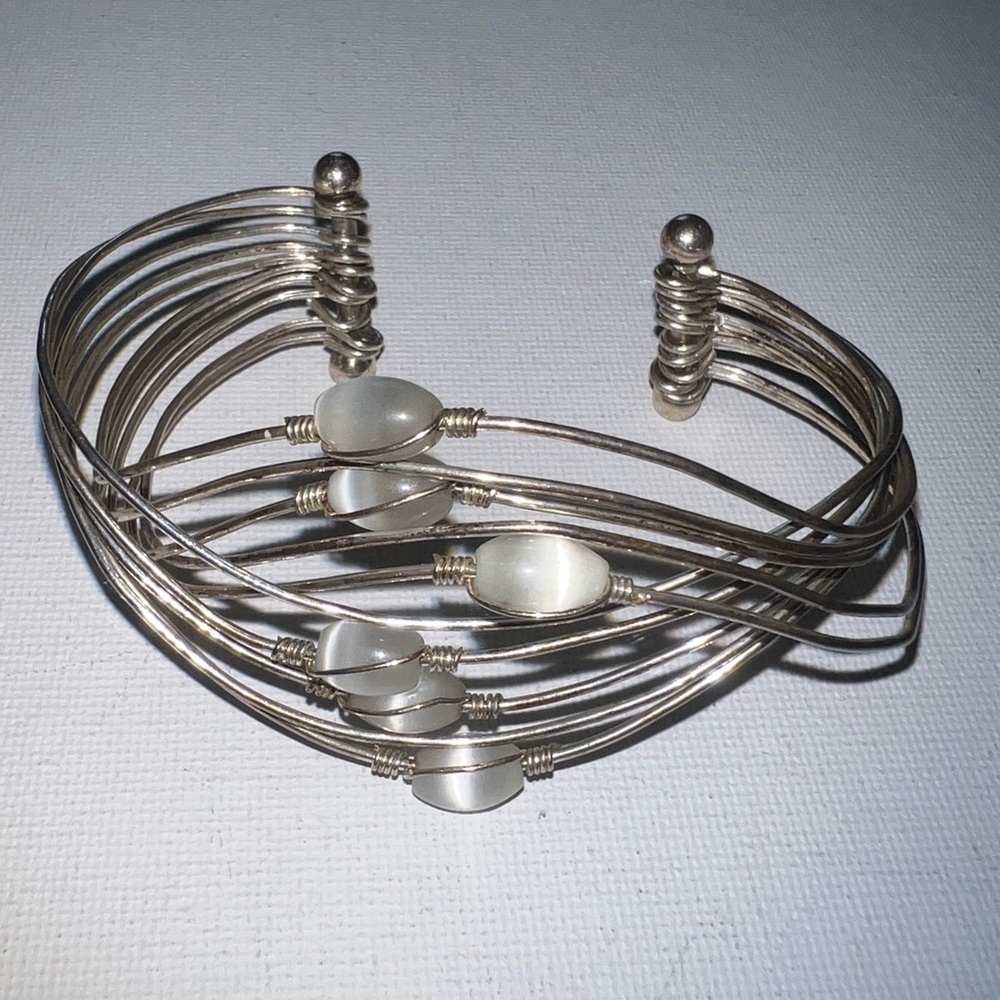 Silver Tone‎ Wire Cuff Bracelet with White Cabochon Accents Fashion Jewelry